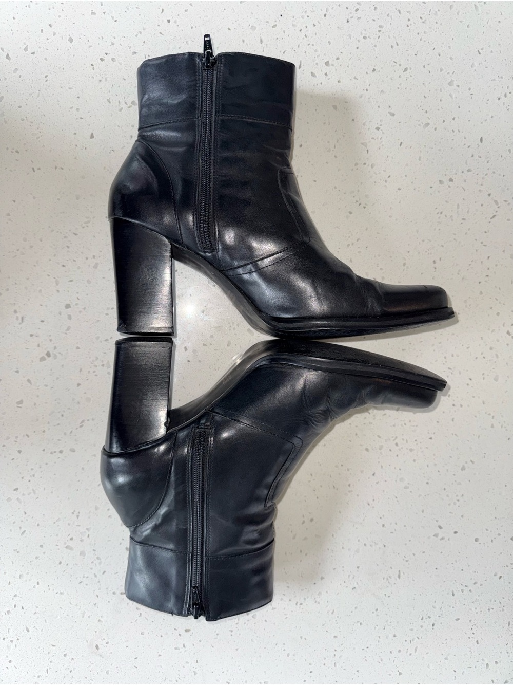 Vintage Black Leather Ankle Block Heel Boots - Picture 5 of 12